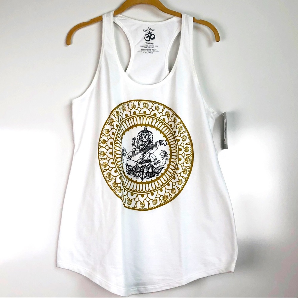 OM SHANTI WHITE & GOLD RACERBACK YOGA TANK XL